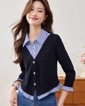 Mixed colors retro France style spring Pseudo-two shirt for women