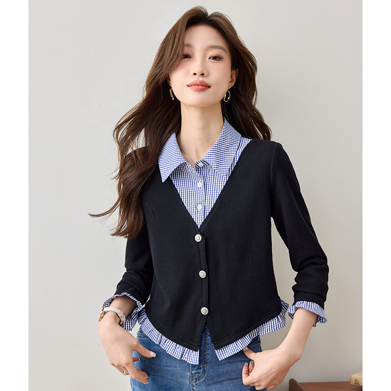 Mixed colors retro France style spring Pseudo-two shirt for women