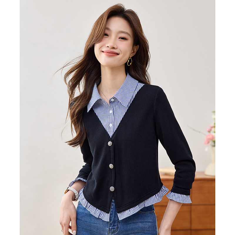 Mixed colors retro France style spring Pseudo-two shirt for women