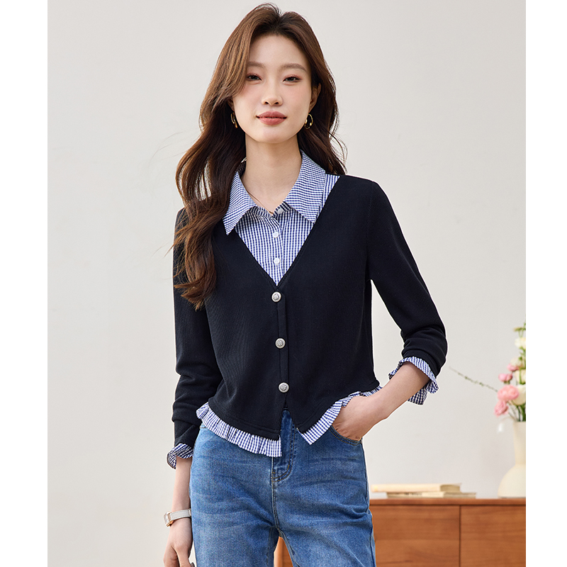 Mixed colors retro France style spring Pseudo-two shirt for women