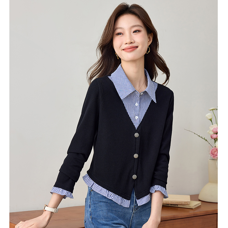 Mixed colors retro France style spring Pseudo-two shirt for women