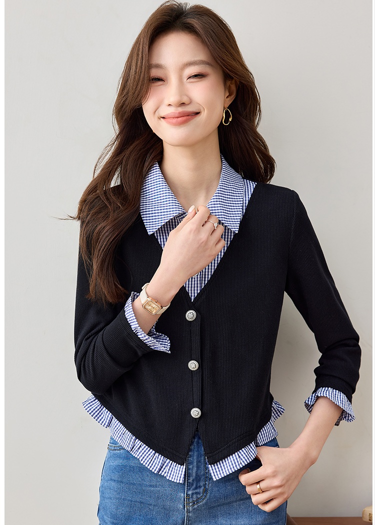 Mixed colors retro France style spring Pseudo-two shirt for women