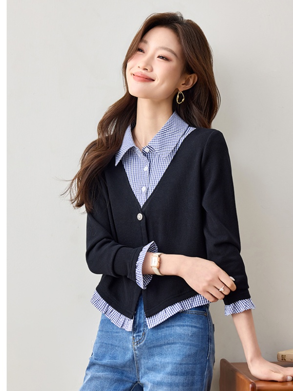 Mixed colors retro France style spring Pseudo-two shirt for women