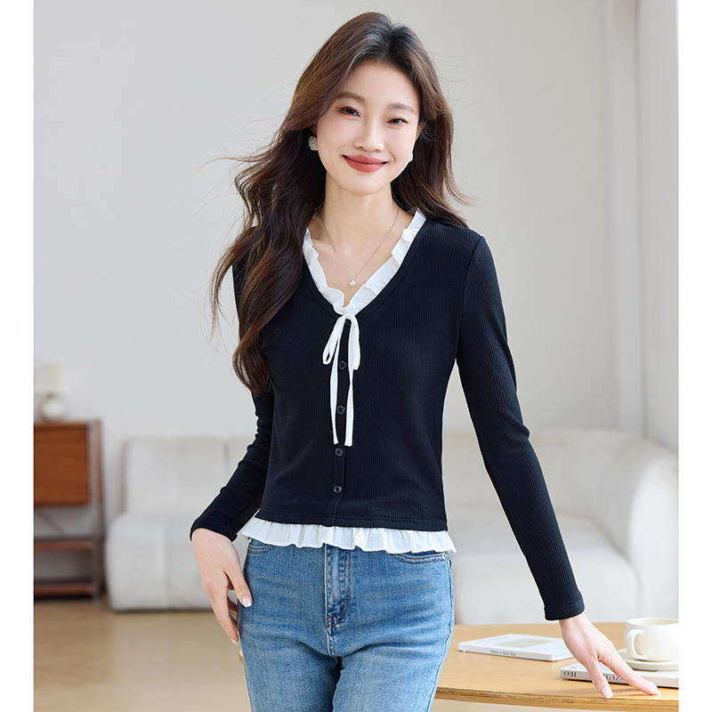 Pit stripe spring sweater lotus leaf edges T-shirt