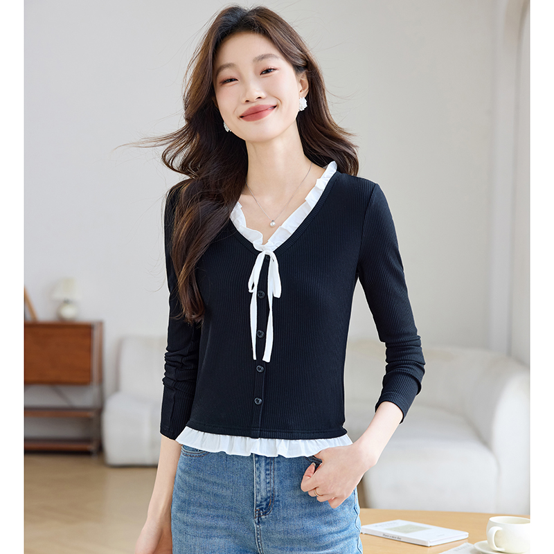 Pit stripe spring sweater lotus leaf edges T-shirt