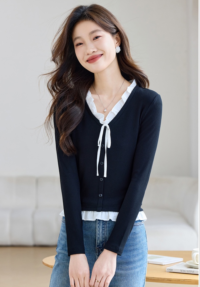 Pit stripe spring sweater lotus leaf edges T-shirt