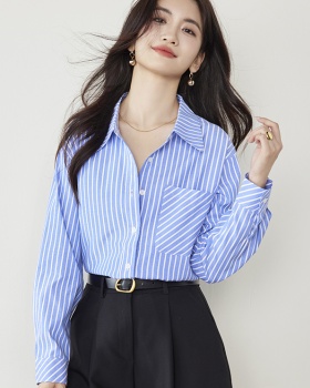 Spring temperament loose stripe slim lapel shirt