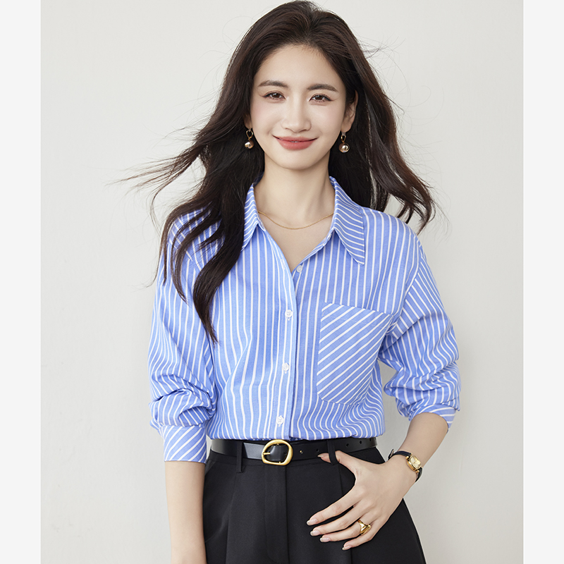 Spring temperament loose stripe slim lapel shirt