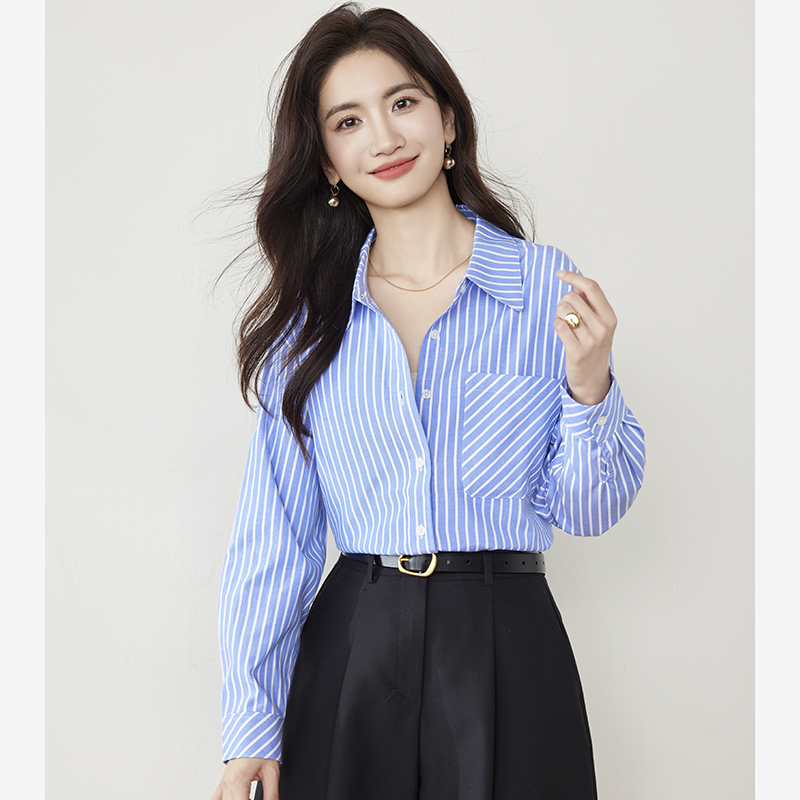 Spring temperament loose stripe slim lapel shirt