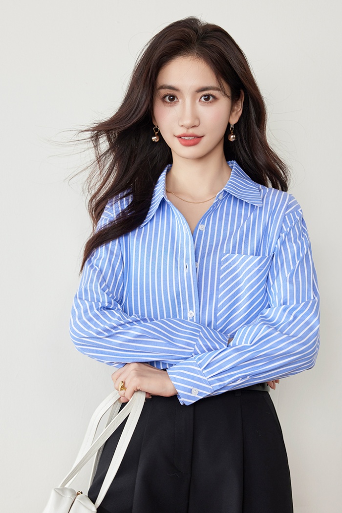 Spring temperament loose stripe slim lapel shirt