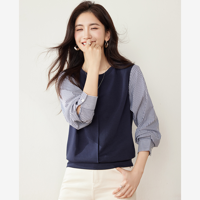 Spring stripe shirt Pseudo-two tops for women