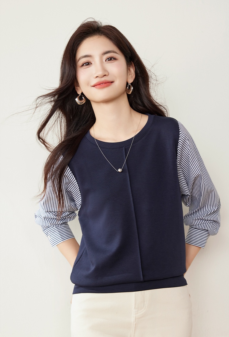 Spring stripe shirt Pseudo-two tops for women