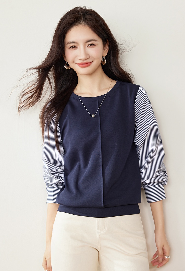 Spring stripe shirt Pseudo-two tops for women