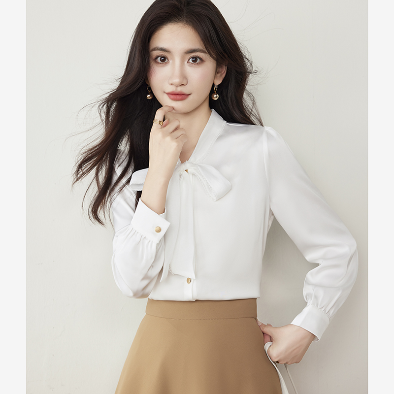 Long sleeve spring tops bow shirt for women