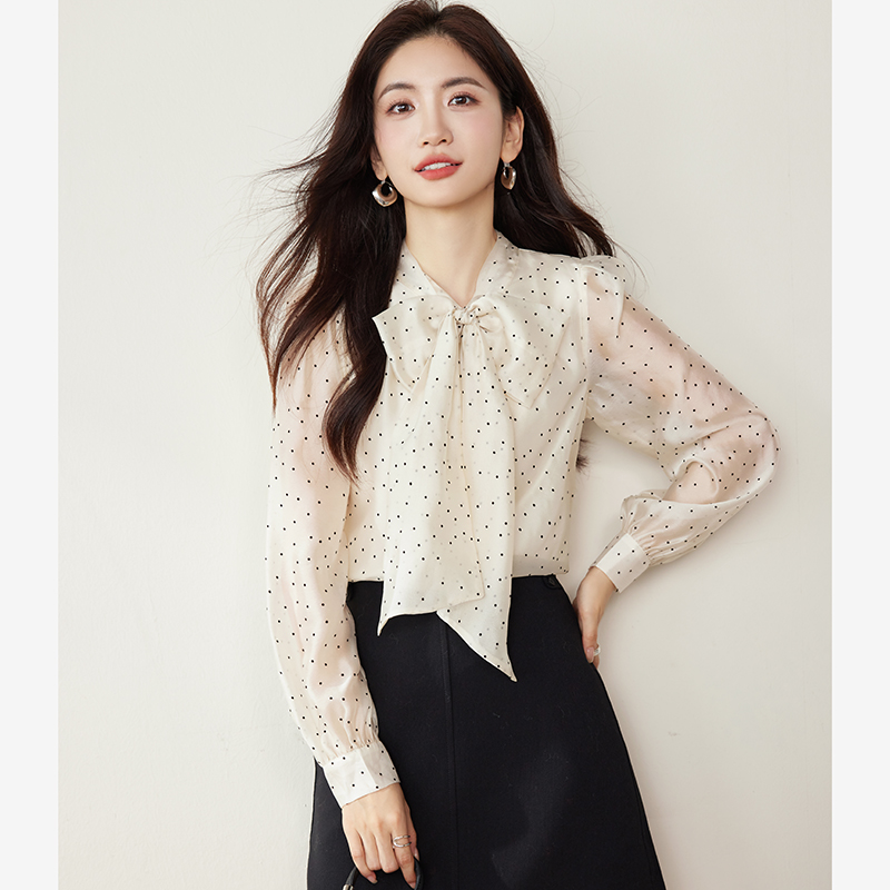 Retro fashion spring shirt chiffon bow tops for women