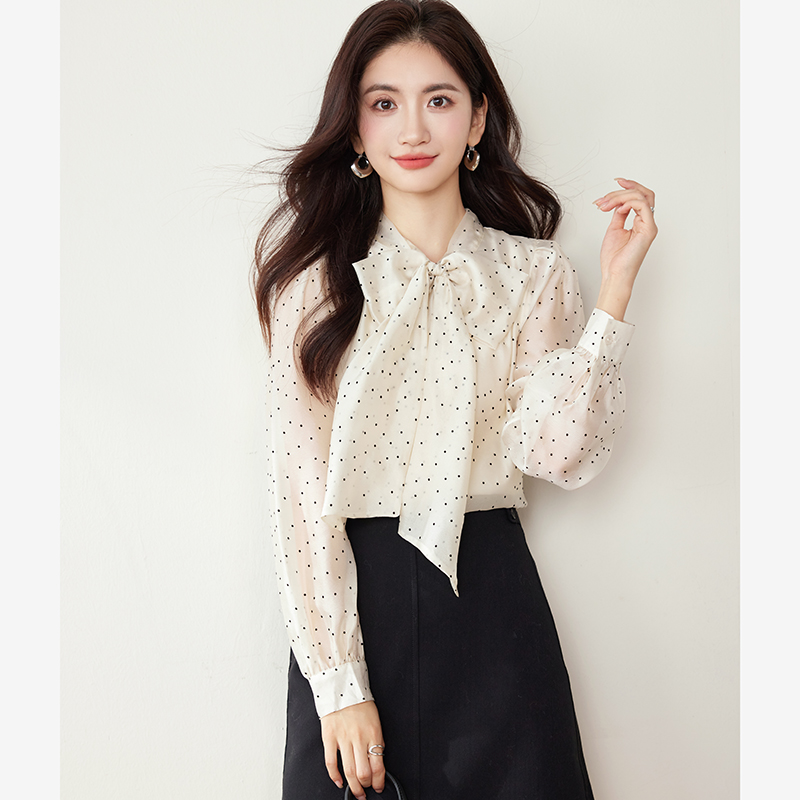 Retro fashion spring shirt chiffon bow tops for women