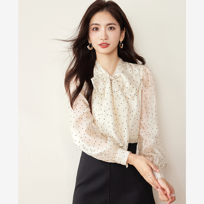 Retro fashion spring shirt chiffon bow tops for women