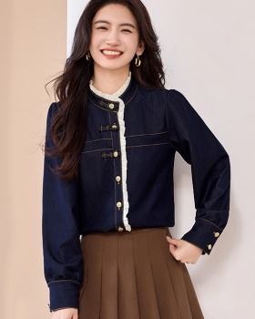 Western style lace denim shirt spring splice tops for women