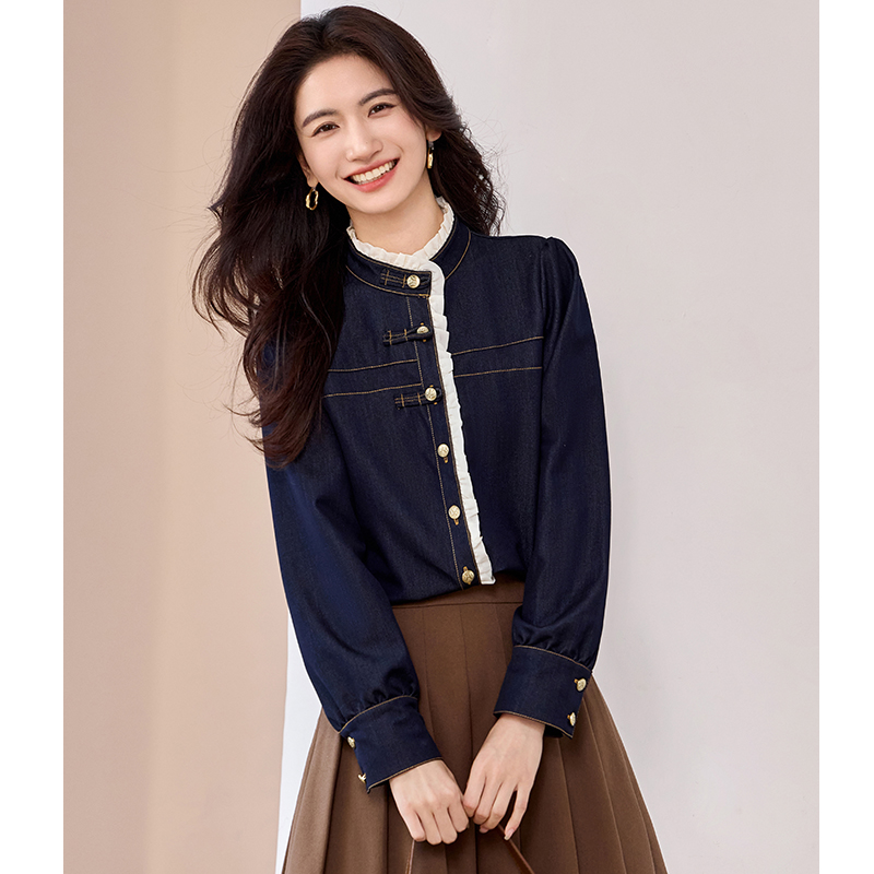 Western style lace denim shirt spring splice tops for women