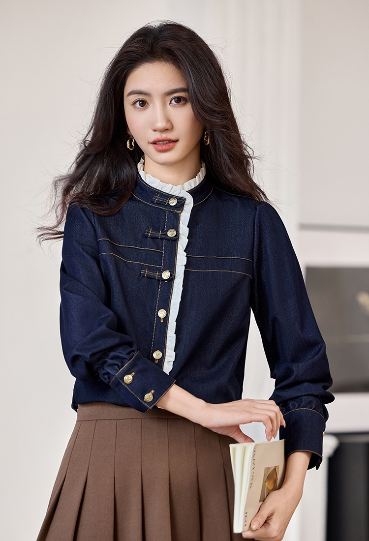 Western style lace denim shirt spring splice tops for women