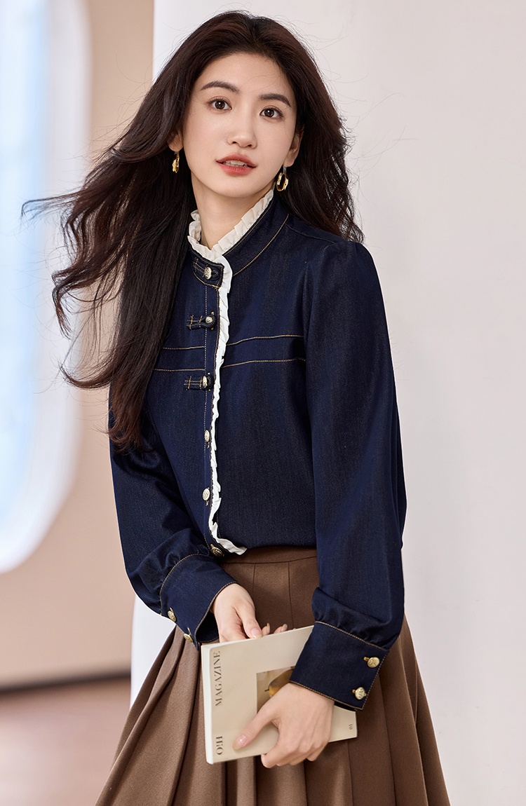 Western style lace denim shirt spring splice tops for women