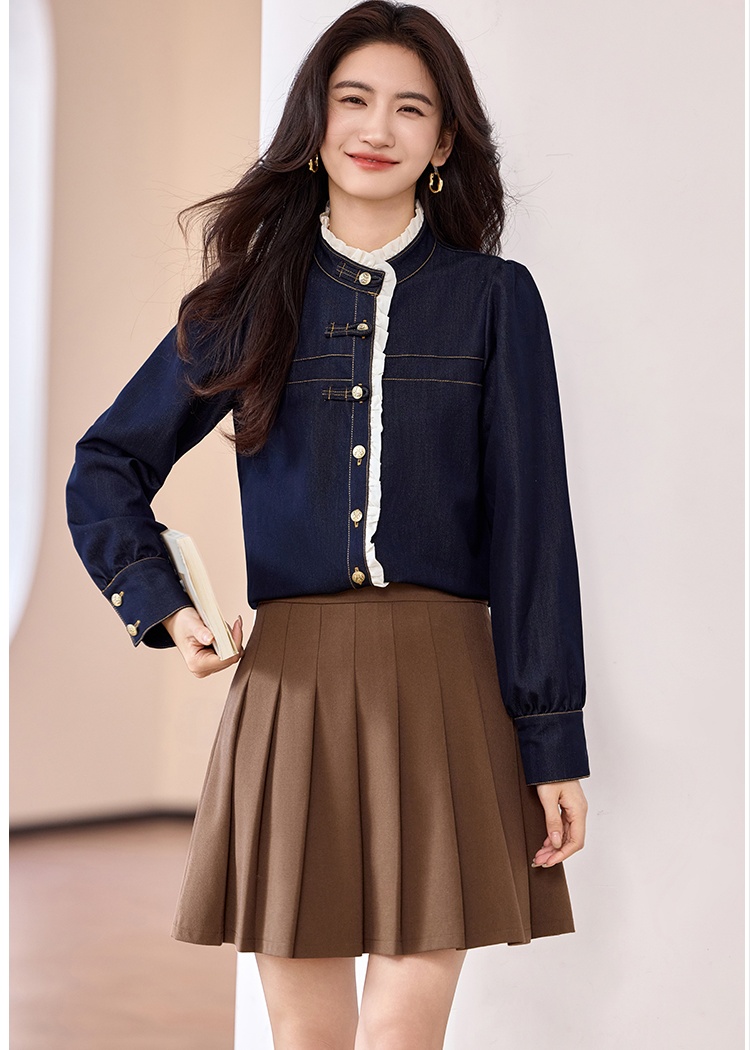 Western style lace denim shirt spring splice tops for women