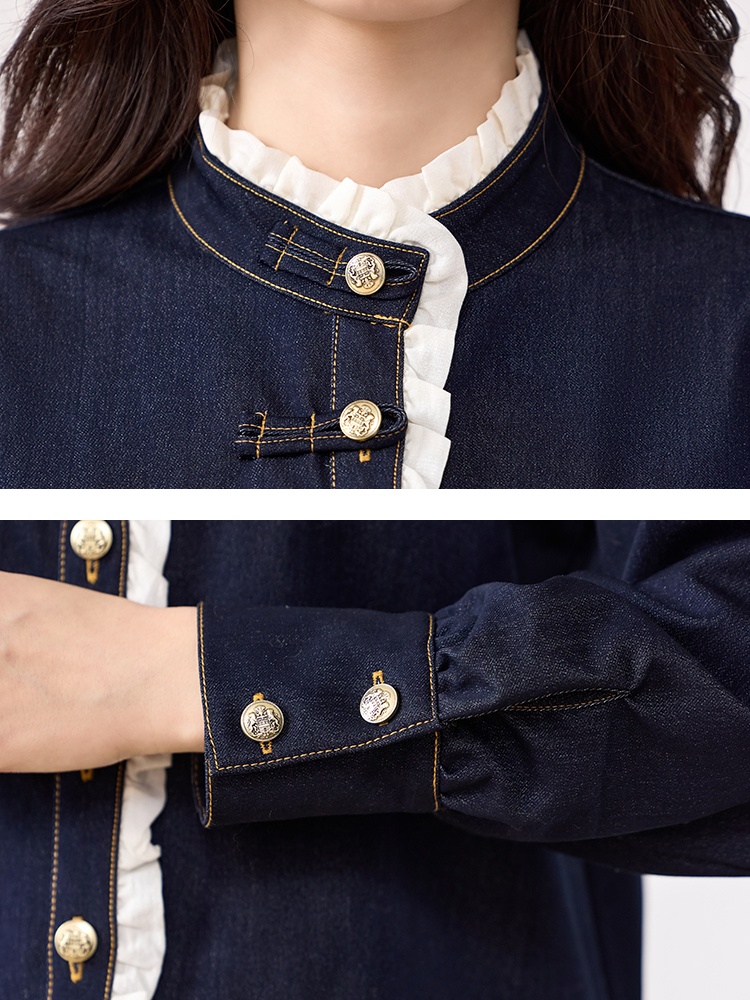 Western style lace denim shirt spring splice tops for women