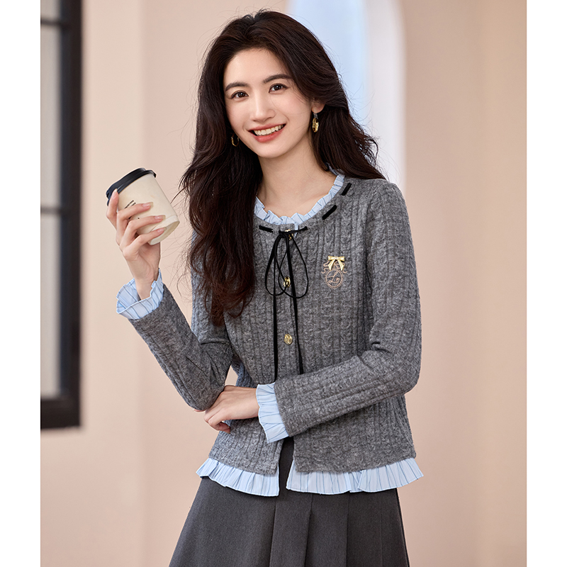 Knitted gray tops spring college style cardigan