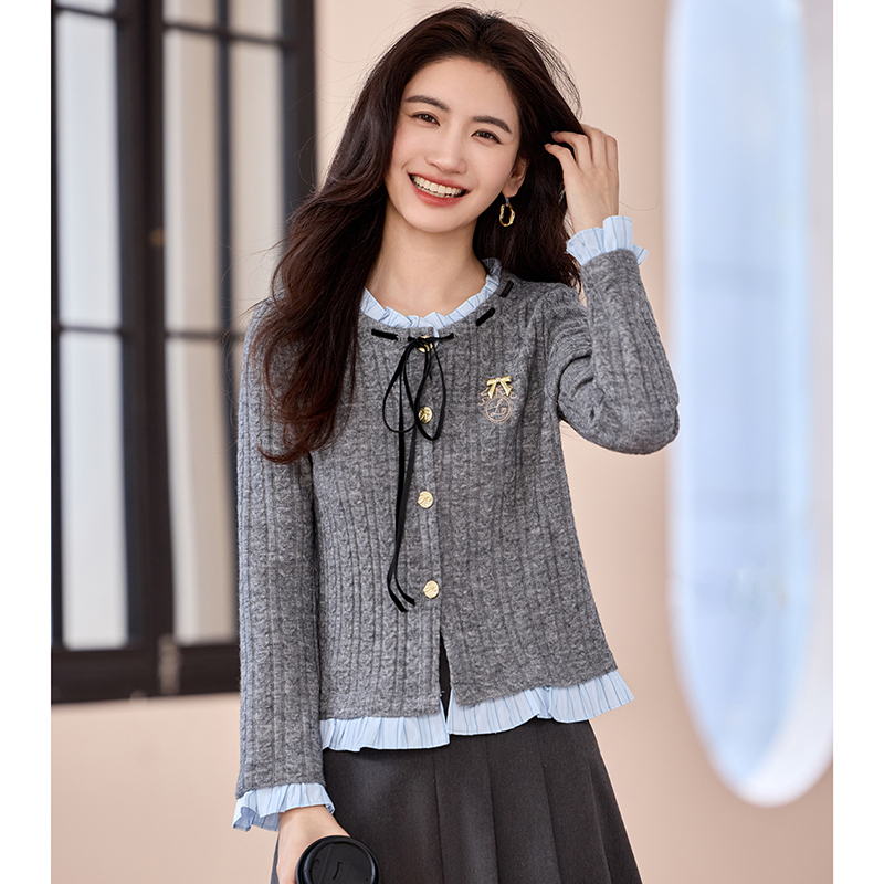 Knitted gray tops spring college style cardigan