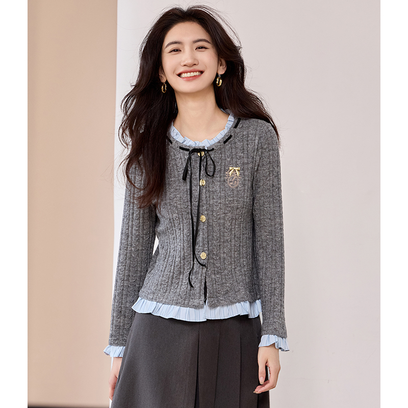 Knitted gray tops spring college style cardigan