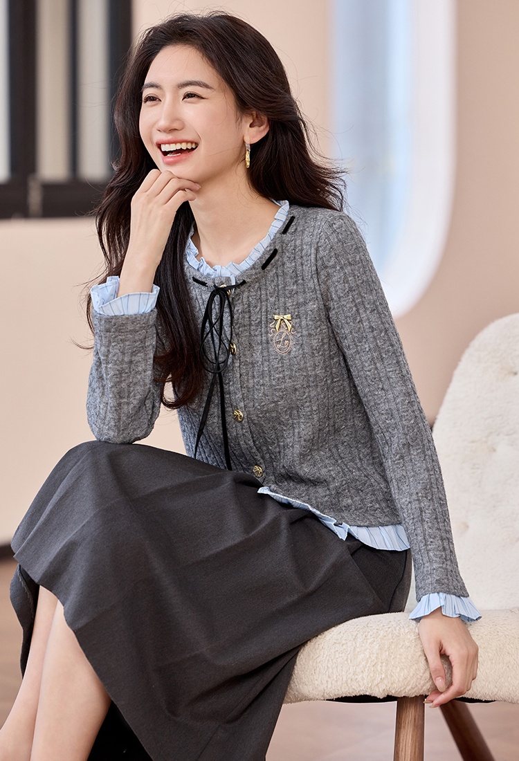 Knitted gray tops spring college style cardigan