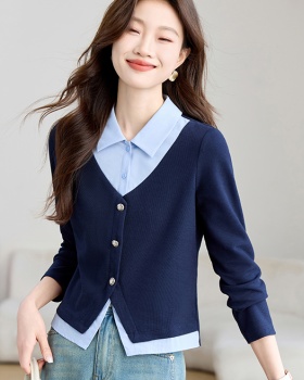 Shirt collar college style hoodie knitted tops for women