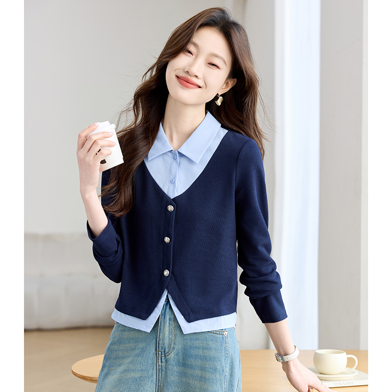 Shirt collar college style hoodie knitted tops for women