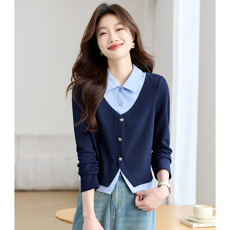 Shirt collar college style hoodie knitted tops for women