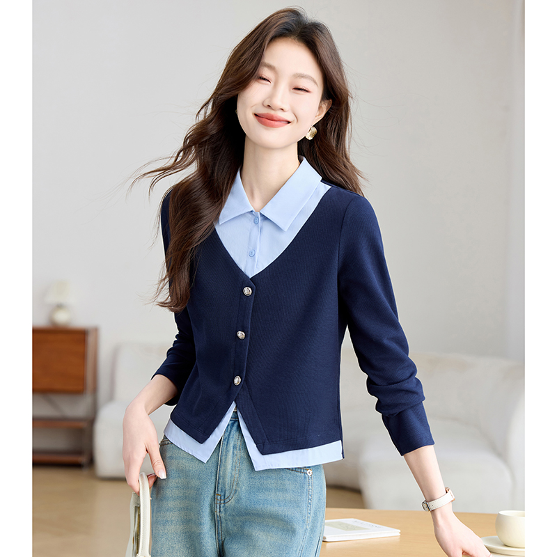 Shirt collar college style hoodie knitted tops for women