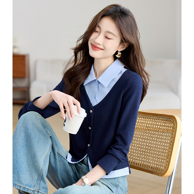 Shirt collar college style hoodie knitted tops for women