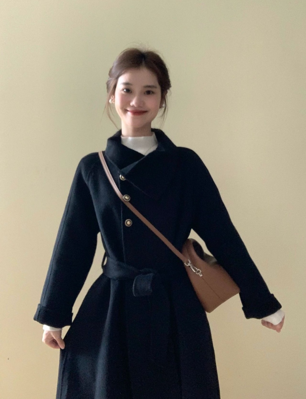 Korean style thick overcoat exceed knee woolen coat for women