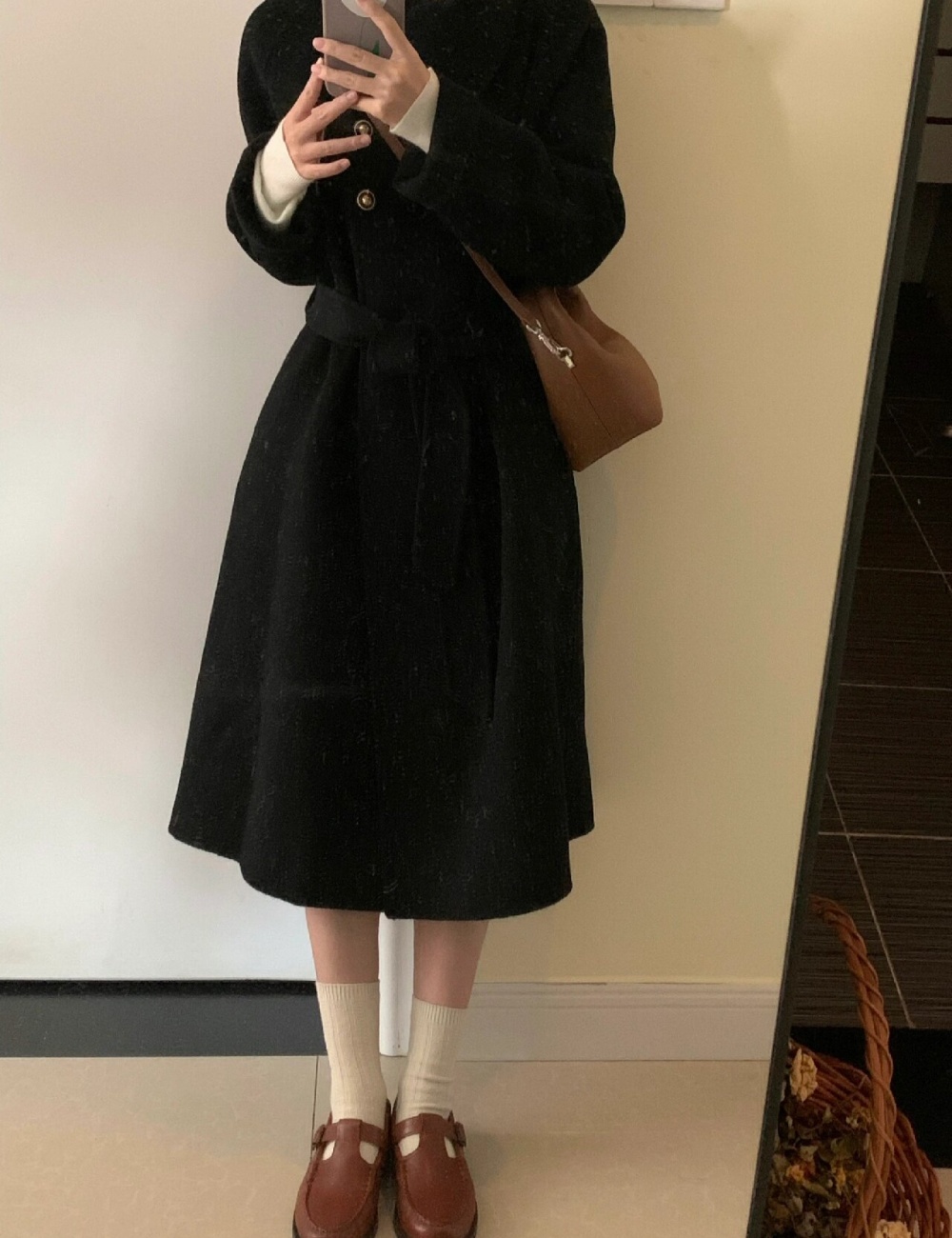 Korean style thick overcoat exceed knee woolen coat for women