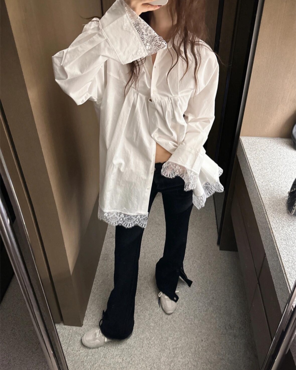 Korean style Casual hollow long sleeve fashion splice shirt