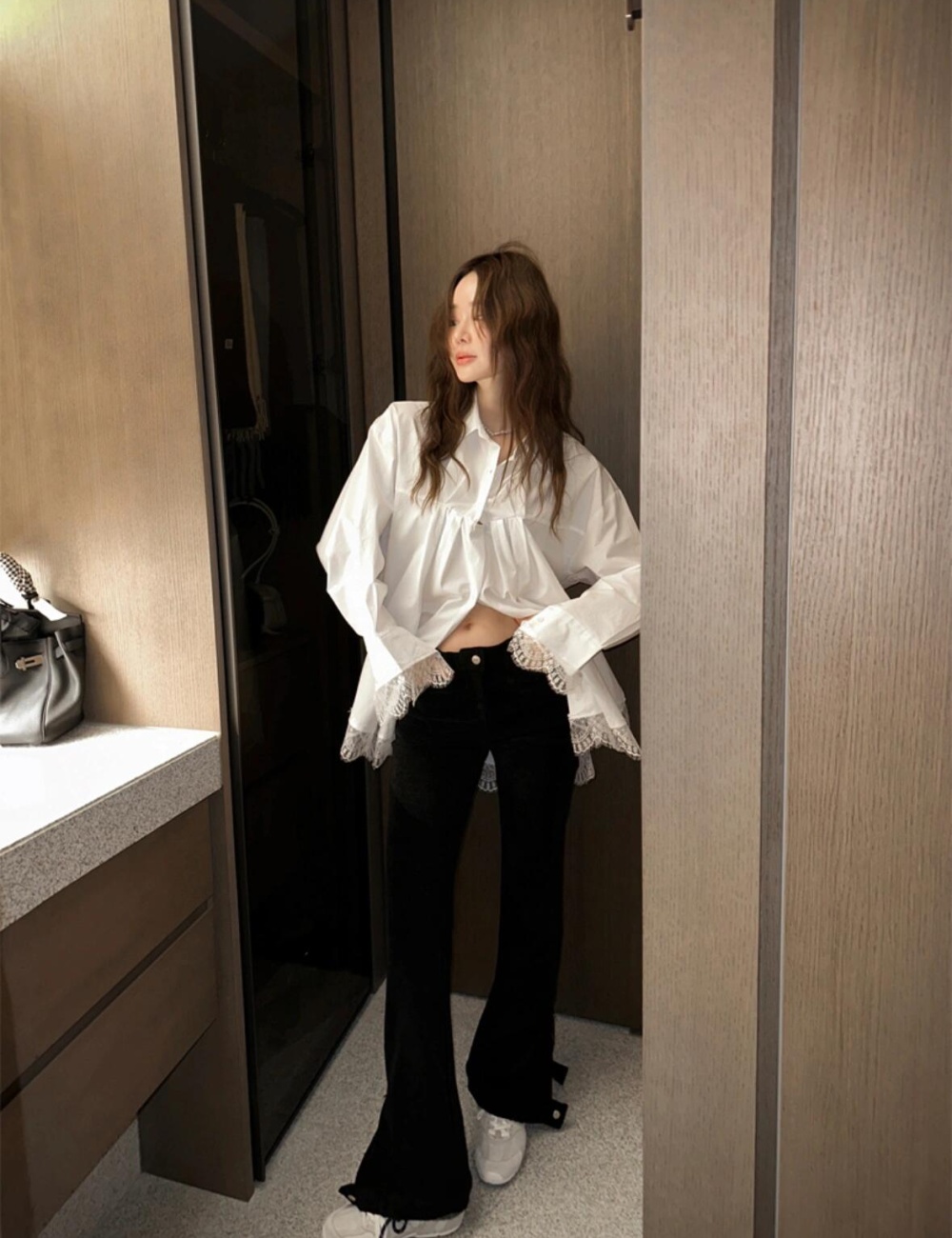 Korean style Casual hollow long sleeve fashion splice shirt