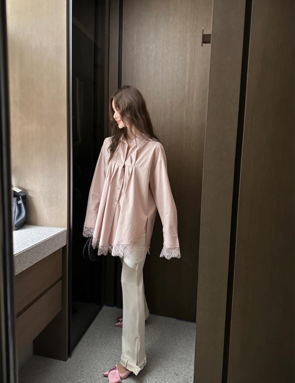 Korean style Casual hollow long sleeve fashion splice shirt