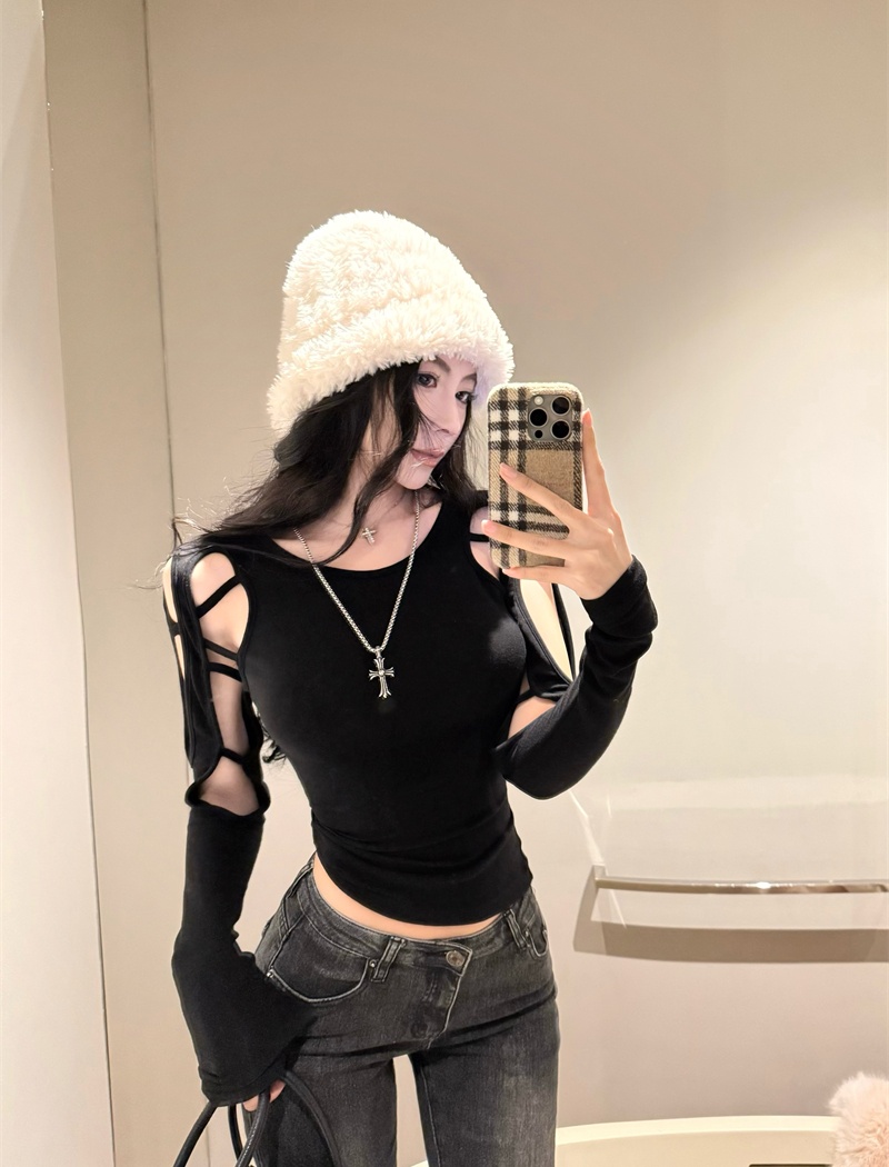 Long sleeve slim T-shirt black tops for women