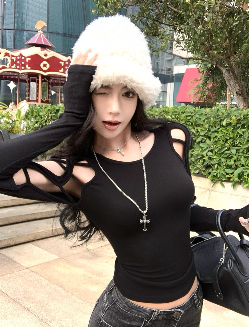 Long sleeve slim T-shirt black tops for women