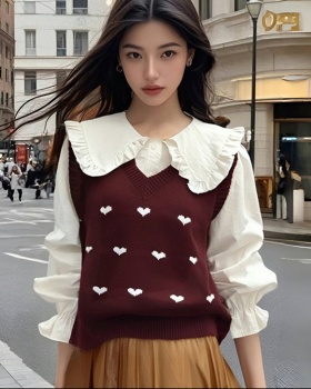 Sweet doll collar shirt heart knitted tops 2pcs set