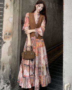 Retro big skirt long dress temperament large yard dress a set