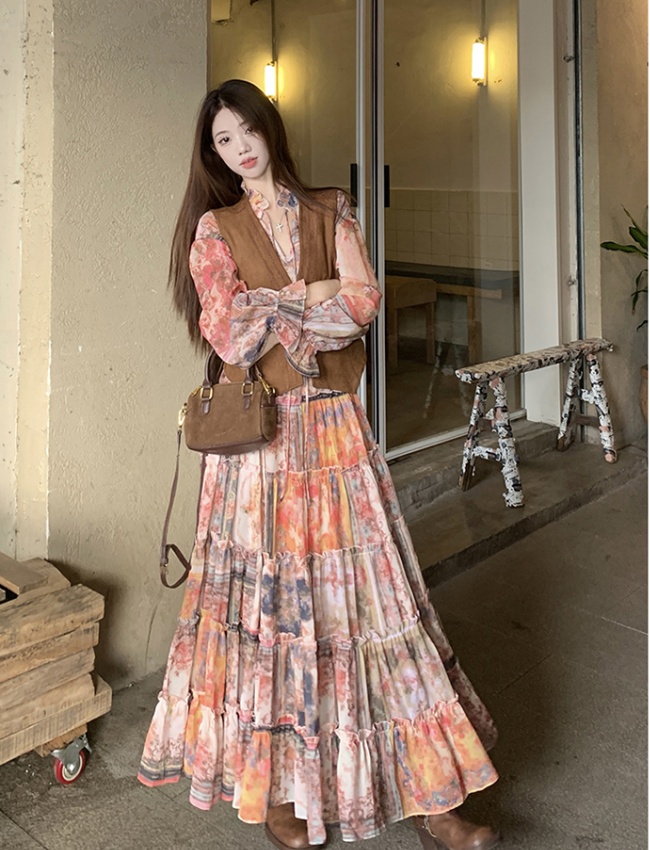 Retro big skirt long dress temperament large yard dress a set