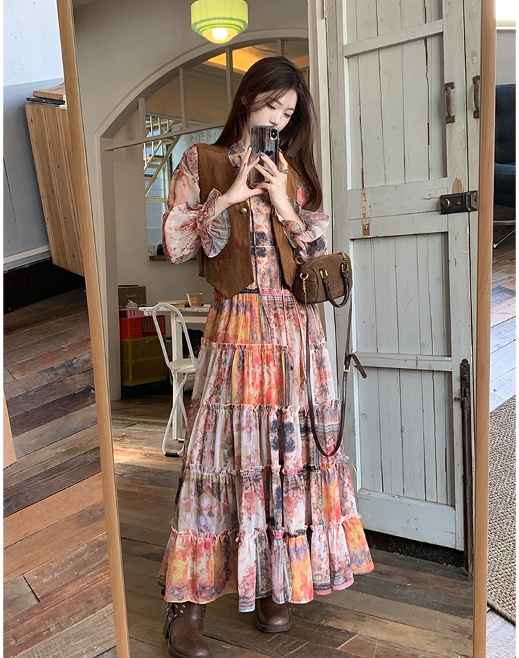 Retro big skirt long dress temperament large yard dress a set