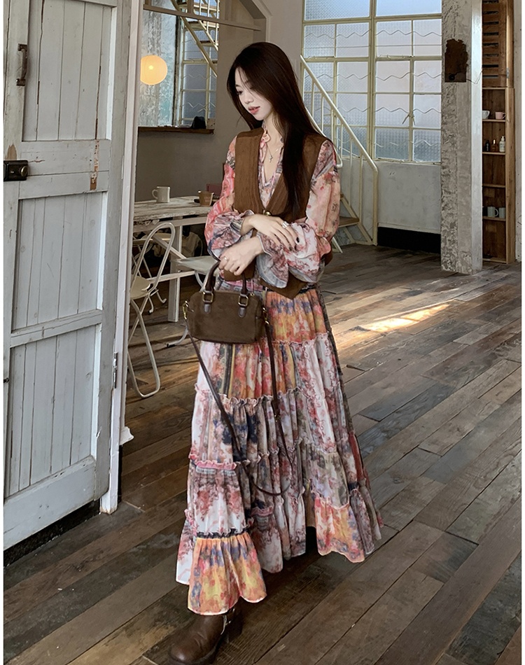 Retro big skirt long dress temperament large yard dress a set