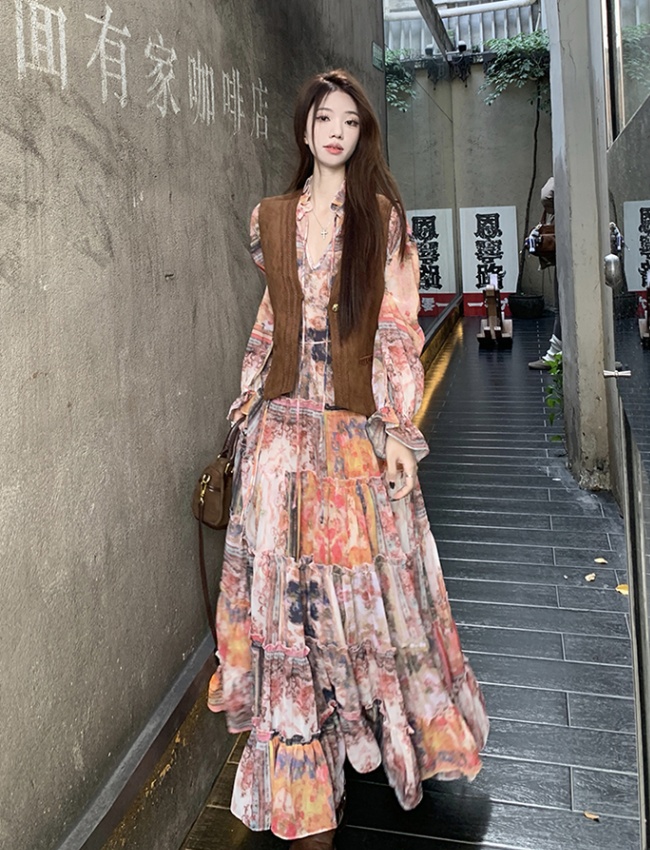 Retro big skirt long dress temperament large yard dress a set