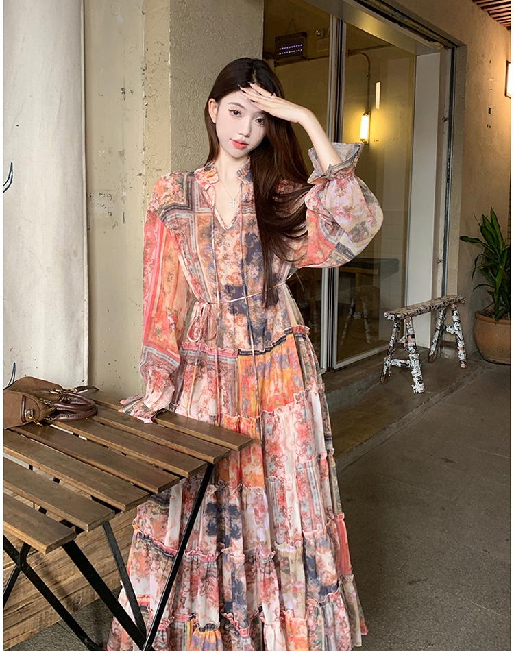 Retro big skirt long dress temperament large yard dress a set